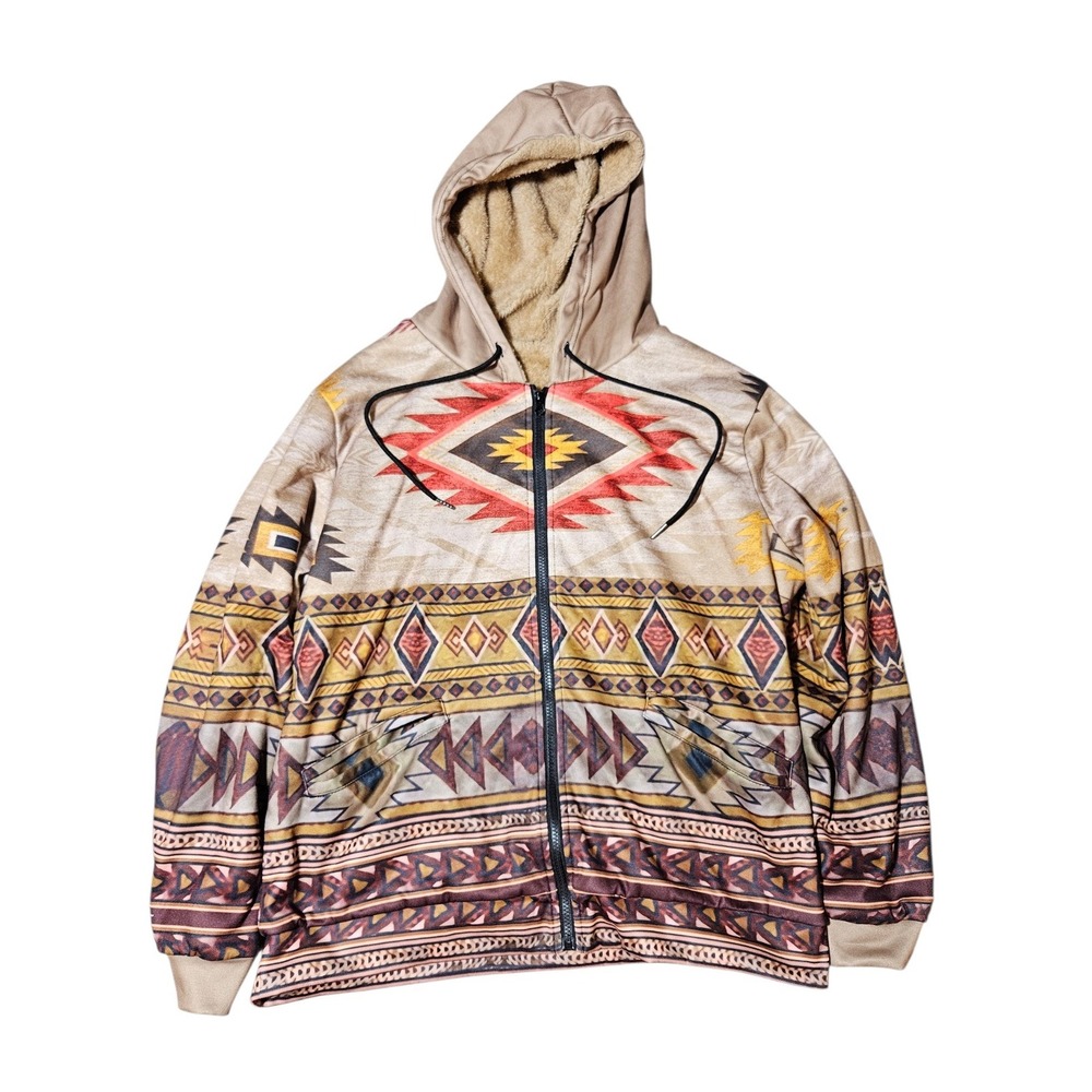 Vintage Aztec Hooded Thermal‎ Ethnic Jacket Mens L Full Sherpa Lined Cozy Tribal